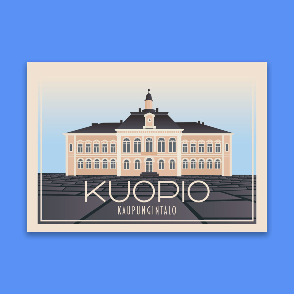 Kuopion kaupungintalo-kortti, piirros kaupungintalon julkisivusta.