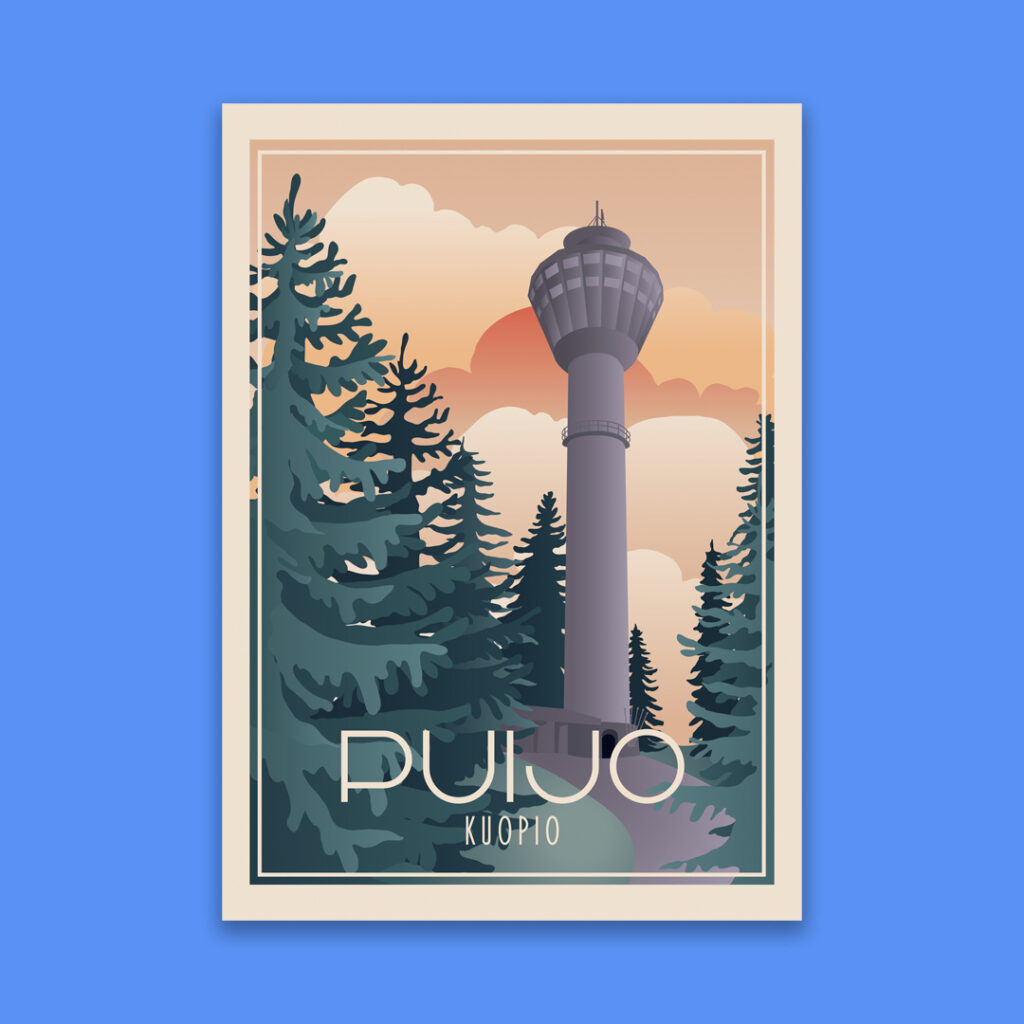 Puijo-postikortti, piirros Puijon tornista metsän siimeksessä auringon kultaamien kumpupilvien loistaessa taivaalla.